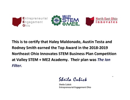 Haley Maldonado, Austin Testa and Rodney Smith 
"The Ion Filter"
Valley STEM + ME2 Academy